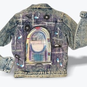 Vintage Denim‎ Jacket Custom Hand Painted Jukebox Acid Wash Wearable Art